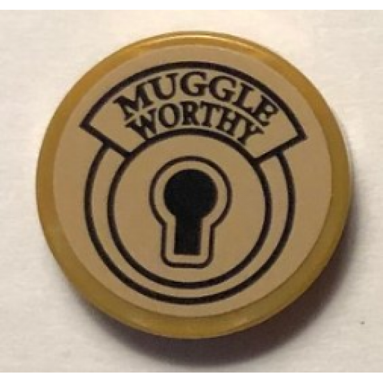 Tile, Round 2 x 2 with Bottom Stud Holder with Keyhole and 'MUGGLE WORTHY' Pattern (Sticker) - Set 75952