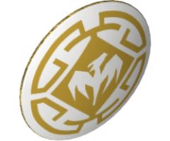 Minifigure, Shield Round with Rounded Front with Dragon and Decorative Lines White and Gold Pattern