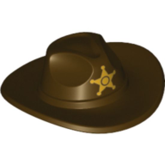 Minifigure, Headgear Hat, Very Wide Brim, Outback Style (Fedora) with Gold Sheriff Star Pattern