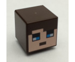 Minifigure, Head, Modified Cube with Minecraft Pixelated Face with Dark Brown Hair and Blue Eyes Pattern