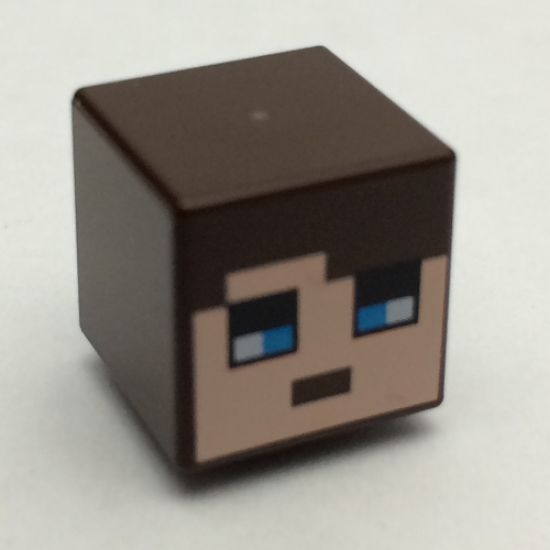 Minifigure, Head, Modified Cube with Minecraft Pixelated Face with Dark Brown Hair and Blue Eyes Pattern