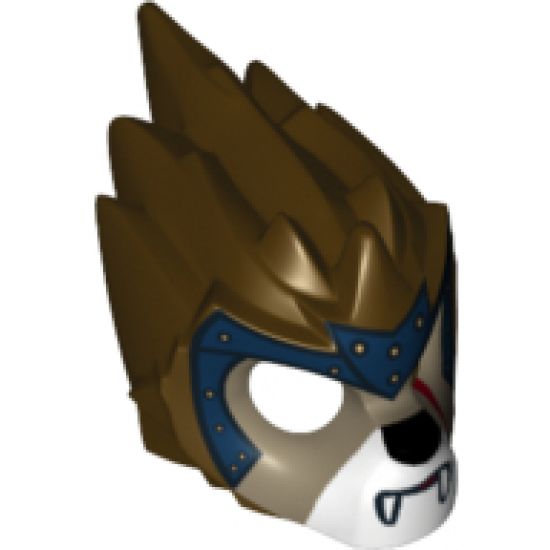 Minifigure, Headgear Mask Lion with Dark Tan Face, Dark Red Scar and Dark Blue Headpiece with Gold Circles Pattern