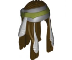 Minifigure, Hair Long with Feathers and Light Bluish Gray / Olive Green Bandana Pattern