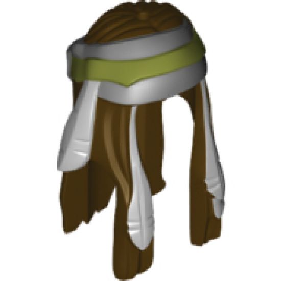 Minifigure, Hair Long with Feathers and Light Bluish Gray / Olive Green Bandana Pattern
