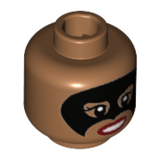Minifigure, Head Dual Sided Female, Black Eye Mask, Red Lips, Smile / Scowl Pattern - Hollow Stud