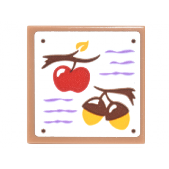 Tile 2 x 2 with Shopping List with Medium Lavender Lines, Branches with Red Apple and Acorns Pattern (Sticker) - Set 41182