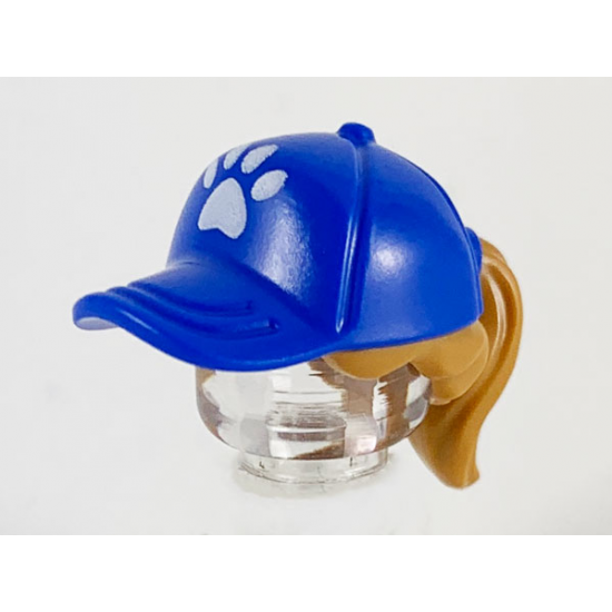 Minifigure, Hair Combo, Hair with Hat, Ponytail with Blue Ball Cap with White Paw Print Pattern