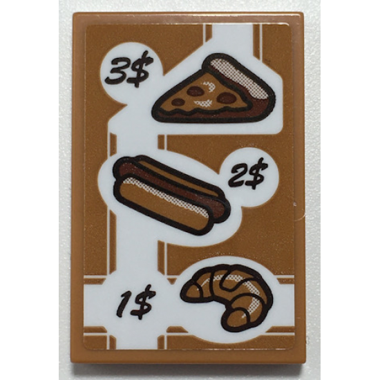 Tile 2 x 3 with Menu, '3$', Pizza Slice, Hot Dog, '2$', '1$', Croissant Pattern (Sticker) - Set 70425