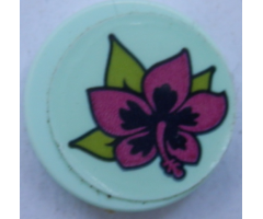 Tile, Round 2 x 2 with Bottom Stud Holder with Magenta Flower and Lime Leaves on Light Aqua Background Pattern (Sticker) - Set 41316