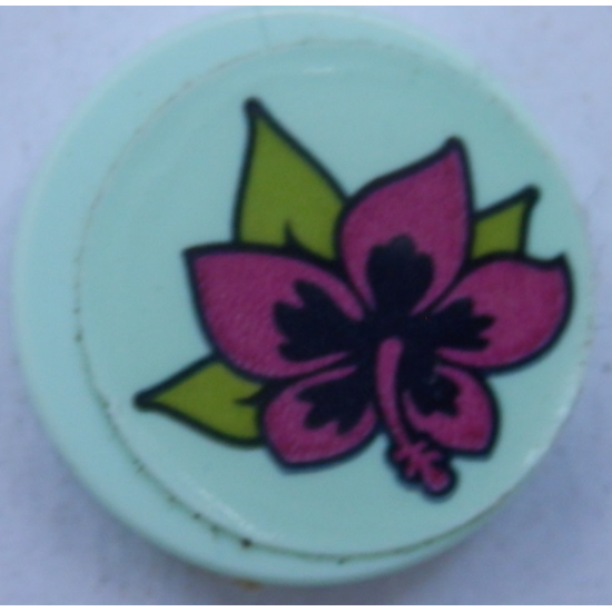 Tile, Round 2 x 2 with Bottom Stud Holder with Magenta Flower and Lime Leaves on Light Aqua Background Pattern (Sticker) - Set 41316