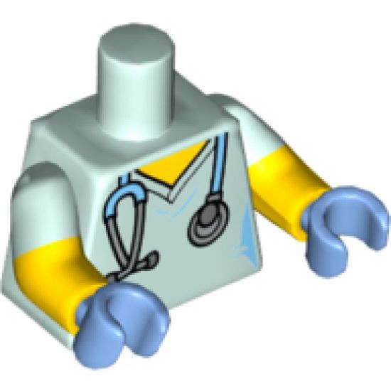 Torso Female Hospital Scrubs with Medium Blue Stethoscope Pattern / Yellow Arms with Light Aqua Short Sleeves Pattern / Medium Blue Hands