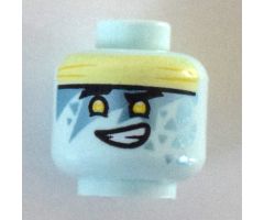 Minifigure, Head Dual Sided Alien, Light Yellow Headband, Yellow Eyes, Metallic Blue Triangle Tattoos, Smile with Teeth / Singing Pattern - Hollow Stud