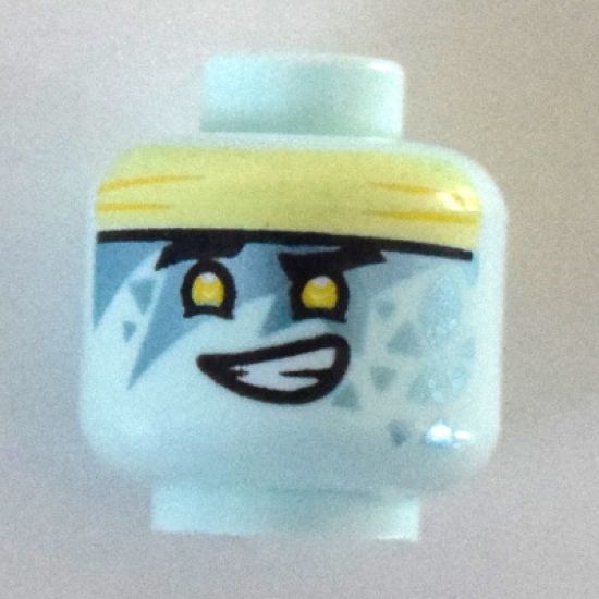 Minifigure, Head Dual Sided Alien, Light Yellow Headband, Yellow Eyes, Metallic Blue Triangle Tattoos, Smile with Teeth / Singing Pattern - Hollow Stud