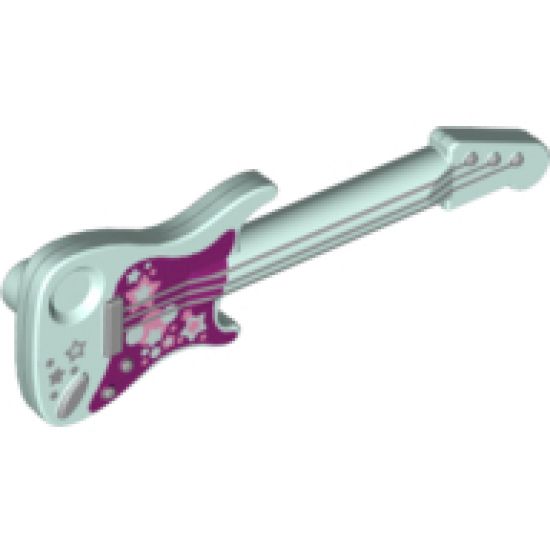 Minifigure, Utensil Guitar Electric with Magenta Pickguard and Silver Strings, Stars, Bridge and Output Jack Pattern