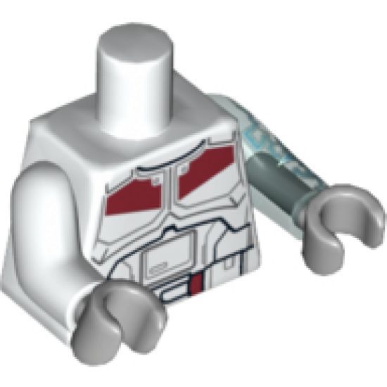 Torso SW Armor Black Belt and Dark Red Markings Pattern / Trans-Light Blue Arm Left with Lightning Bolts / White Arm Right / Light Bluish Gray Hands