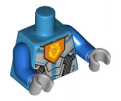 Torso Nexo Knights Armor with Orange Emblem with Yellow Crowned Lion, Silver Panels, Dark Azure Hexagon Pattern / Blue Arms / Light Bluish Gray Hands