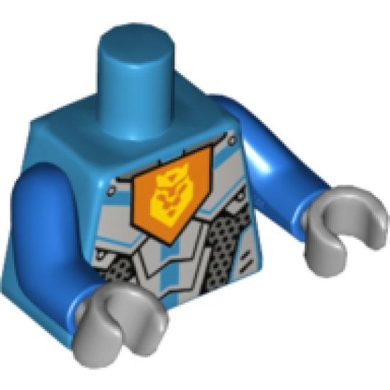 Torso Nexo Knights Armor with Orange Emblem with Yellow Crowned Lion, Silver Panels, Dark Azure Hexagon Pattern / Blue Arms / Light Bluish Gray Hands