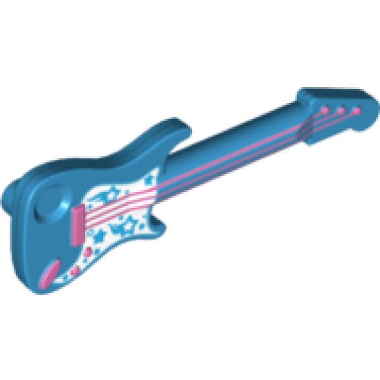 Minifigure, Utensil Guitar Electric with White Pickguard with Stars and Metallic Pink Strings, Bridge and Output Jack Pattern