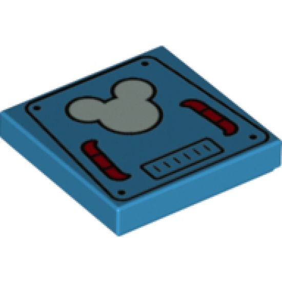 Tile 2 x 2 with Bright Light Blue Mickey Mouse Logo on Hatch with Red Handles Pattern