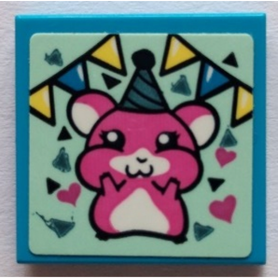 Tile 2 x 2 with Dark Pink Hamster, Hearts and Bunting Pattern (Sticker) - Set 41329