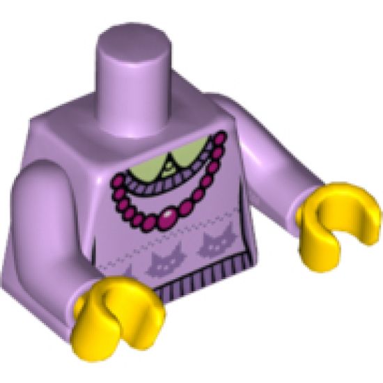Torso Sweater Crew Neck with Cat Heads, Necklace Pattern / Lavender Arms / Yellow Hands