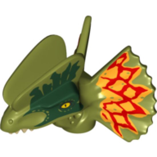 Animal, Body Part Dinosaur Head Dilophosaurus with Dark Green and Dark Red and Yellow on Frill Pattern