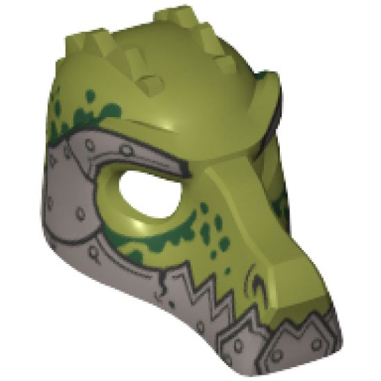 Minifigure, Headgear Mask Crocodile with Metallic Silver Lower Jaw and Armor with Rivets and Dark Green Spots Pattern