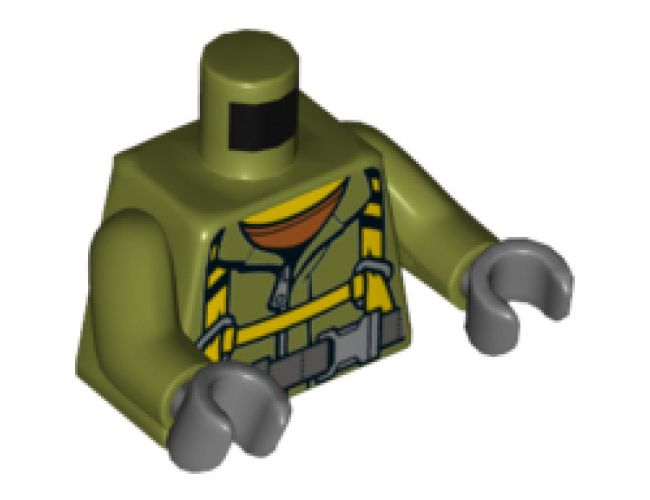 Torso Volcano Explorer Jumpsuit with Dark Bluish Gray Belt and Yellow Harness Front, Volcano Logo Back Pattern / Olive Green Arms / Dark Bluish Gray Hands