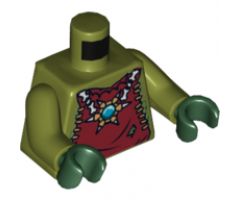 Torso Dark Red Vest with Star Shaped Necklace with Blue Round Jewel (Chi), Back with Gold Crocodile Jaws Pattern / Olive Green Arms / Dark Green Hands