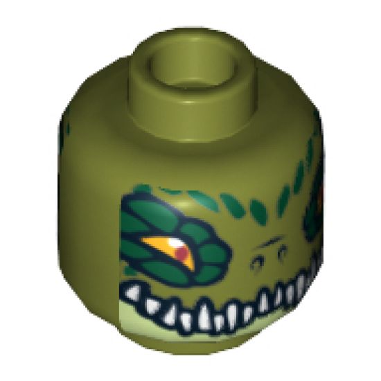 Minifigure, Head Dual Sided Alien Chima Crocodile with Dark Green Rimmed Eyes, Wide Eyes / Narrow Eyes Pattern (Crawley) - Hollow Stud