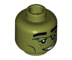 Minifigure, Head Alien with Black Eyebrows, Dark Green Eye and Cheek Lines, Crooked Smile with Teeth Pattern - Hollow Stud
