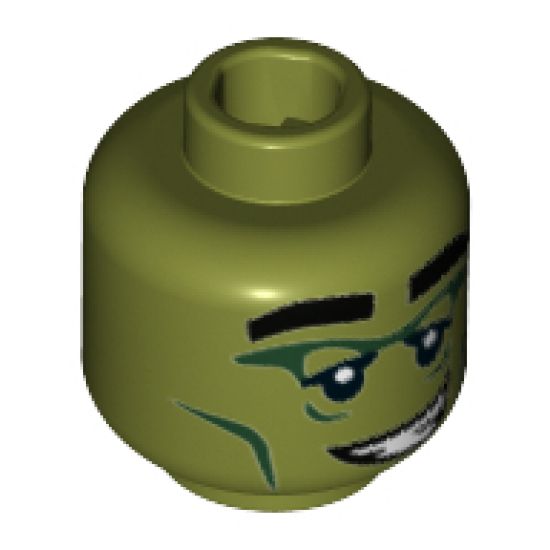 Minifigure, Head Alien with Black Eyebrows, Dark Green Eye and Cheek Lines, Crooked Smile with Teeth Pattern - Hollow Stud