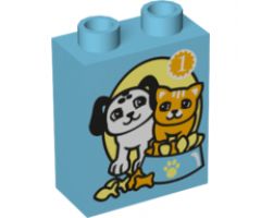 Duplo, Brick 1 x 2 x 2 with Dog and Cat with Food Bowl and Number 1 Pattern