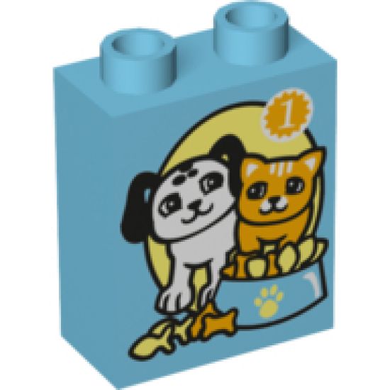 Duplo, Brick 1 x 2 x 2 with Dog and Cat with Food Bowl and Number 1 Pattern
