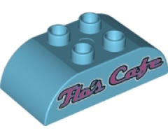 Duplo, Brick 2 x 4 Curved Top with Dark Pink 'Flo's Cafe' Script Pattern