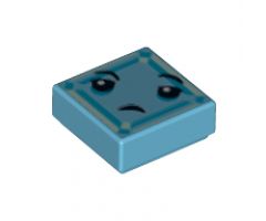 Tile 1 x 1 with Black Eyes, Small Frown, Light Aqua and Dark Azure Square Pattern (Kryptomite Face)