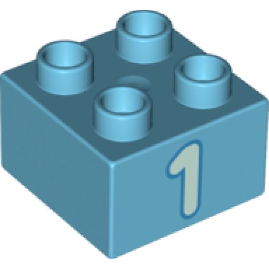 Duplo, Brick 2 x 2 with Number 1 Light Aqua Pattern