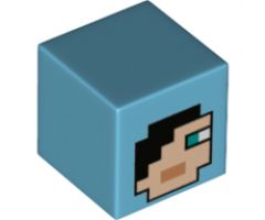 Minifigure, Head, Modified Cube with Minecraft Pixelated Hood over Face with Black Hair and Blue Left Eye Pattern (Dragon Slayer)
