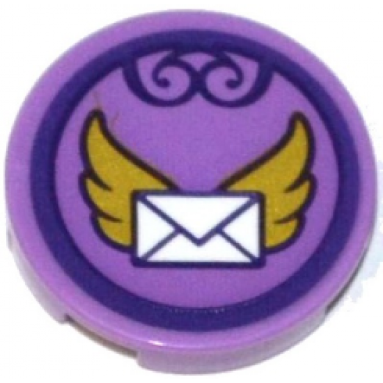 Tile, Round 2 x 2 with Bottom Stud Holder with Envelope with Gold Wings in Dark Purple Circle Pattern (Sticker) - Set 41176