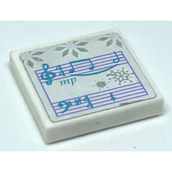 Tile 2 x 2 with Silver Snowflakes and Medium Azure Music Notes Pattern (Sticker) - Sets 41148 / 43172