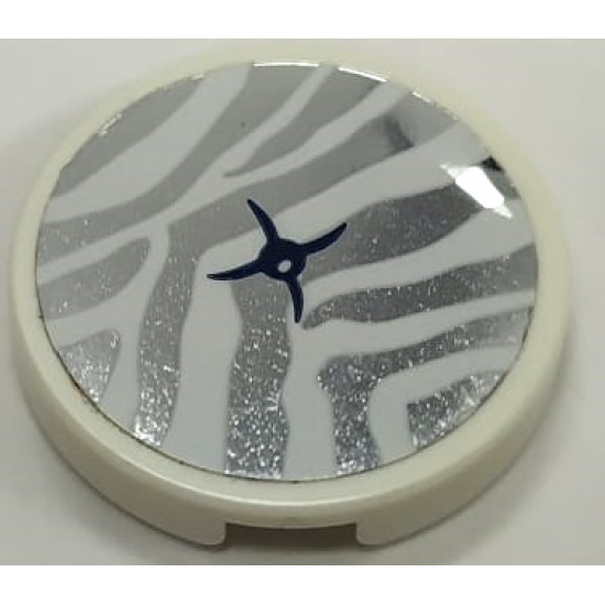 Tile, Round 2 x 2 with Bottom Stud Holder with Cushion with White Tiger Stripes and Black Button on Silver Mirrored Background Pattern (Sticker) - Set 41341