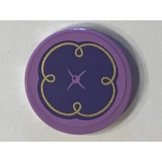 Tile, Round 2 x 2 with Bottom Stud Holder with Purple Cushion with Button and Gold Swirls on Medium Lavender Background Pattern (Sticker) - Set 41101