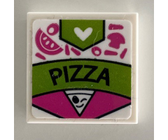 Tile 2 x 2 with 'PIZZA' and Heart on Dark Pink and Lime Box Pattern (Sticker) - Set 41340