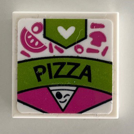 Tile 2 x 2 with 'PIZZA' and Heart on Dark Pink and Lime Box Pattern (Sticker) - Set 41340