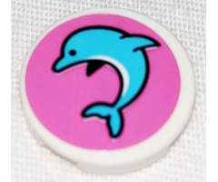 Tile, Round 2 x 2 with Bottom Stud Holder with Medium Azure Jumping Dolphin on Dark Pink Background Pattern Model Left Side (Sticker) - Set 41347