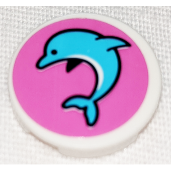 Tile, Round 2 x 2 with Bottom Stud Holder with Medium Azure Jumping Dolphin on Dark Pink Background Pattern Model Left Side (Sticker) - Set 41347