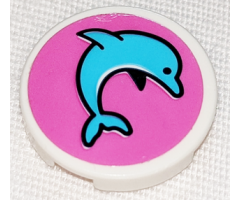 Tile, Round 2 x 2 with Bottom Stud Holder with Medium Azure Jumping Dolphin on Dark Pink Background Pattern Model Right Side (Sticker) - Set 41347