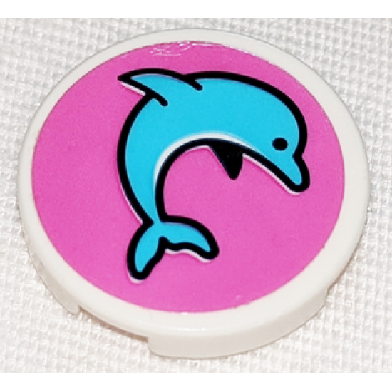 Tile, Round 2 x 2 with Bottom Stud Holder with Medium Azure Jumping Dolphin on Dark Pink Background Pattern Model Right Side (Sticker) - Set 41347