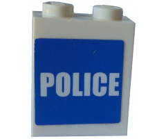 Brick 1 x 2 x 2 with Inside Axle Holder with White 'POLICE' on Blue Background Pattern (Sticker) - Set 7498