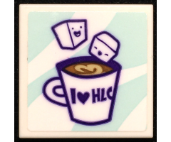 Tile 2 x 2 with Cup of Hot Chocolate with 'I Heart HLC' and Marshmallows Pattern (Sticker) - Set 41336